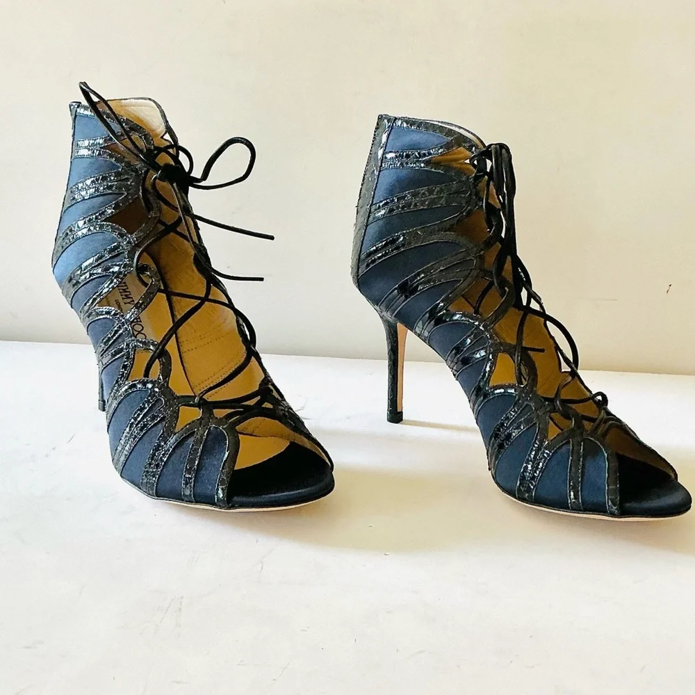 Jimmy Choo black and navy python trimmed heels 37.5